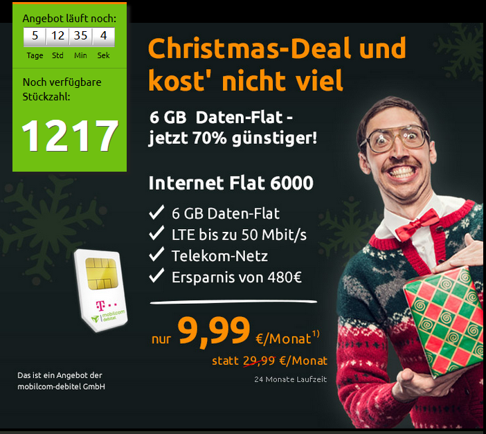 6-GB Datenflatrate im Telekom Netz für nur 9,99 Euro / Monat!