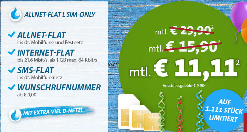 SIM only nur 1.111 Stück: Allnet-/SMS-/Daten-Flat (1GB) im Telekom Netz für nur 11,11 Euro