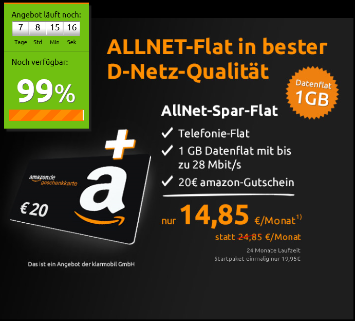 Allnet-Flat + 1GB Datenflat im Telekom Netz für nur 14,85 Euro / Monat!