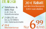 Aktion bis 15.04.: Telefonie-Flat, SMS-Flat, 2GB LTE bis zu 50 Mbit/s im o2-Netz für rechnerisch nur 8,49 € pro Monat